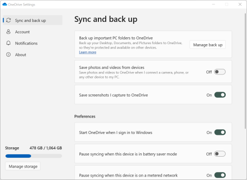 OneDrive settings screen