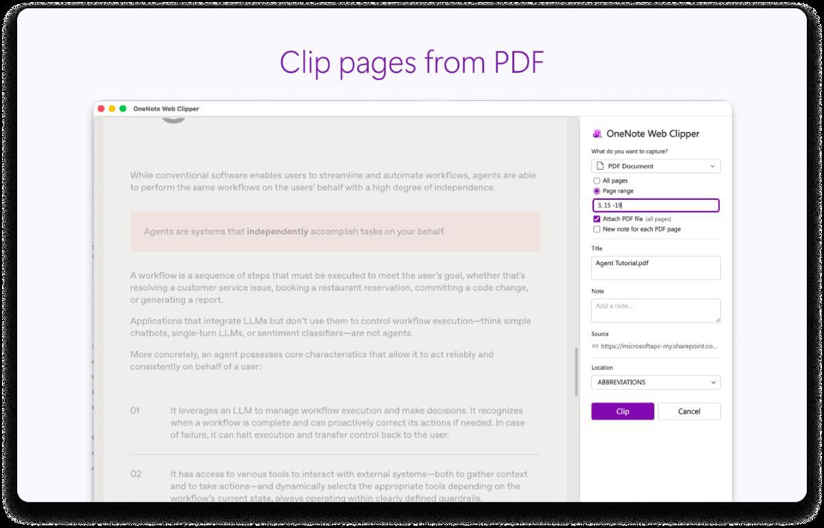 Screenshot of a PDF page with a side panel for settings. Text at the top says to clip pages from PDF.