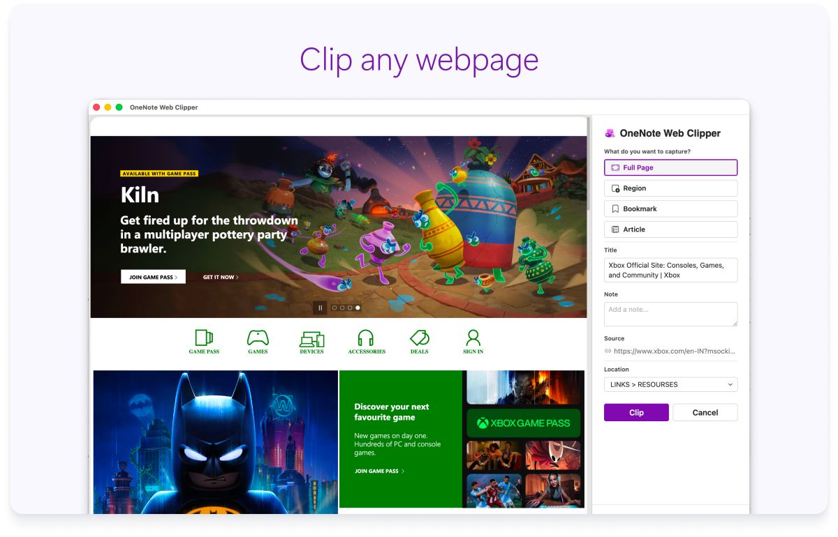 Screenshot of a full web page with a side panel for settings. Text at the top says to clip any webpage.