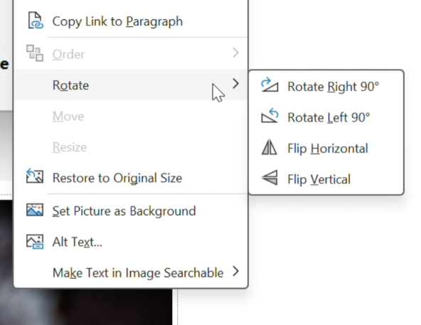 Menu in OneNote showing options to rotate an image in Notebook