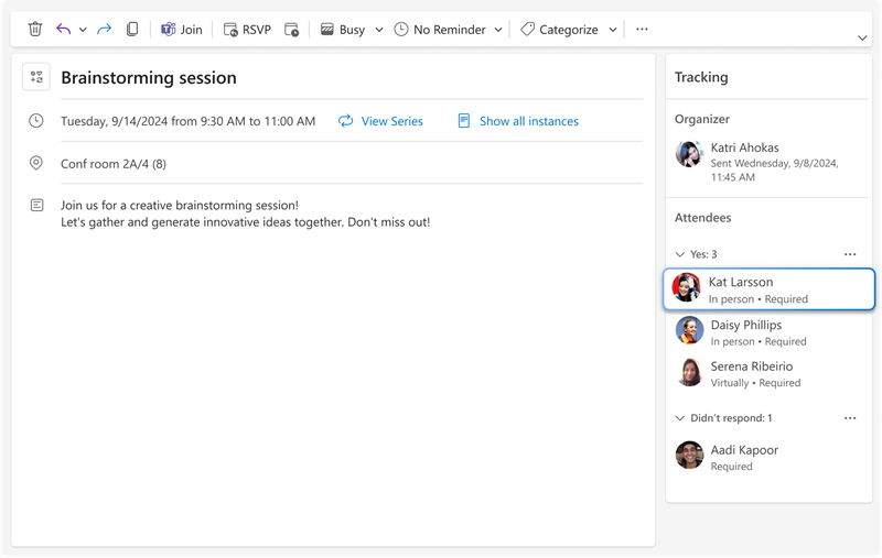 Image shows a meetings tracking pane where one can see all the responses for each invitee along with the new extra information about if each attendee will participate in person or virtually.