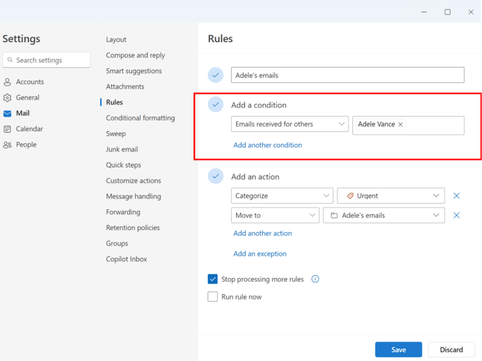 Screenshot showing set up an Email received for others rule for executives account