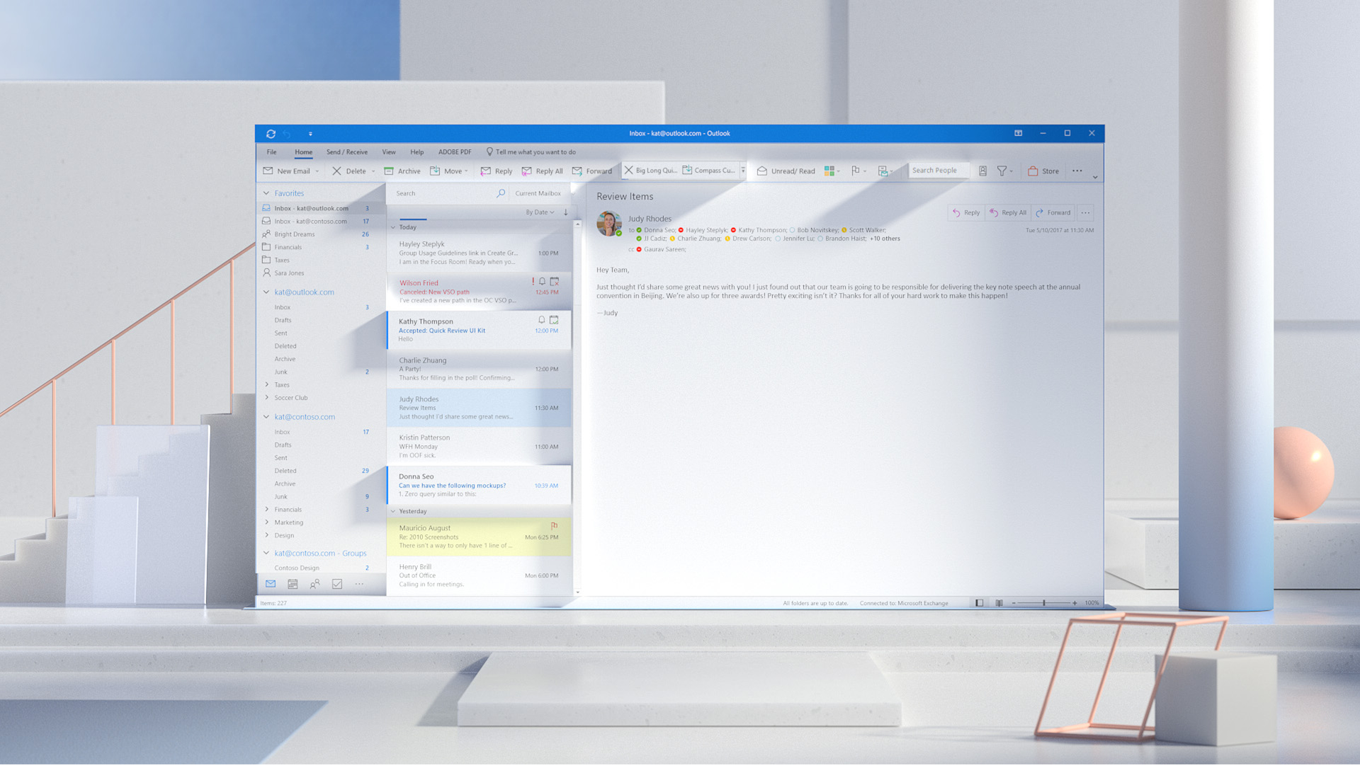 Outlook inbox open in a desktop interface with an email selected.