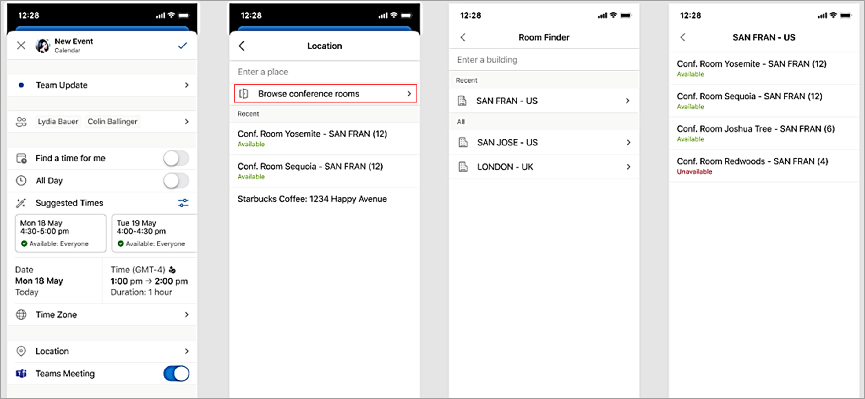 Image of mobile app withBrowse conference rooms highlighted.