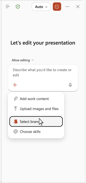 Screenshot showing Select brand in the Copilot pane.