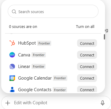 Screenshot that shows the connectors list with available data sources and Connect buttons in PowerPoint.