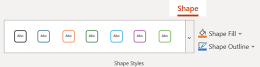 The Shape tab on the ribbon in PowerPoint for the web includes quick styles you can apply to any shape.