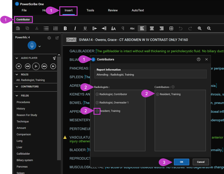 Screenshot that displays the steps to add a contributor in the Contributors dialog box.