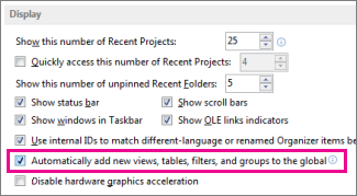 The Automatically add new views, tables, filters, and groups to the global option