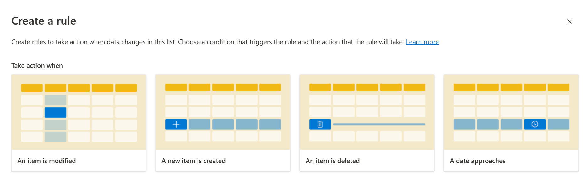 Screenshot that shows Options to create a rule
