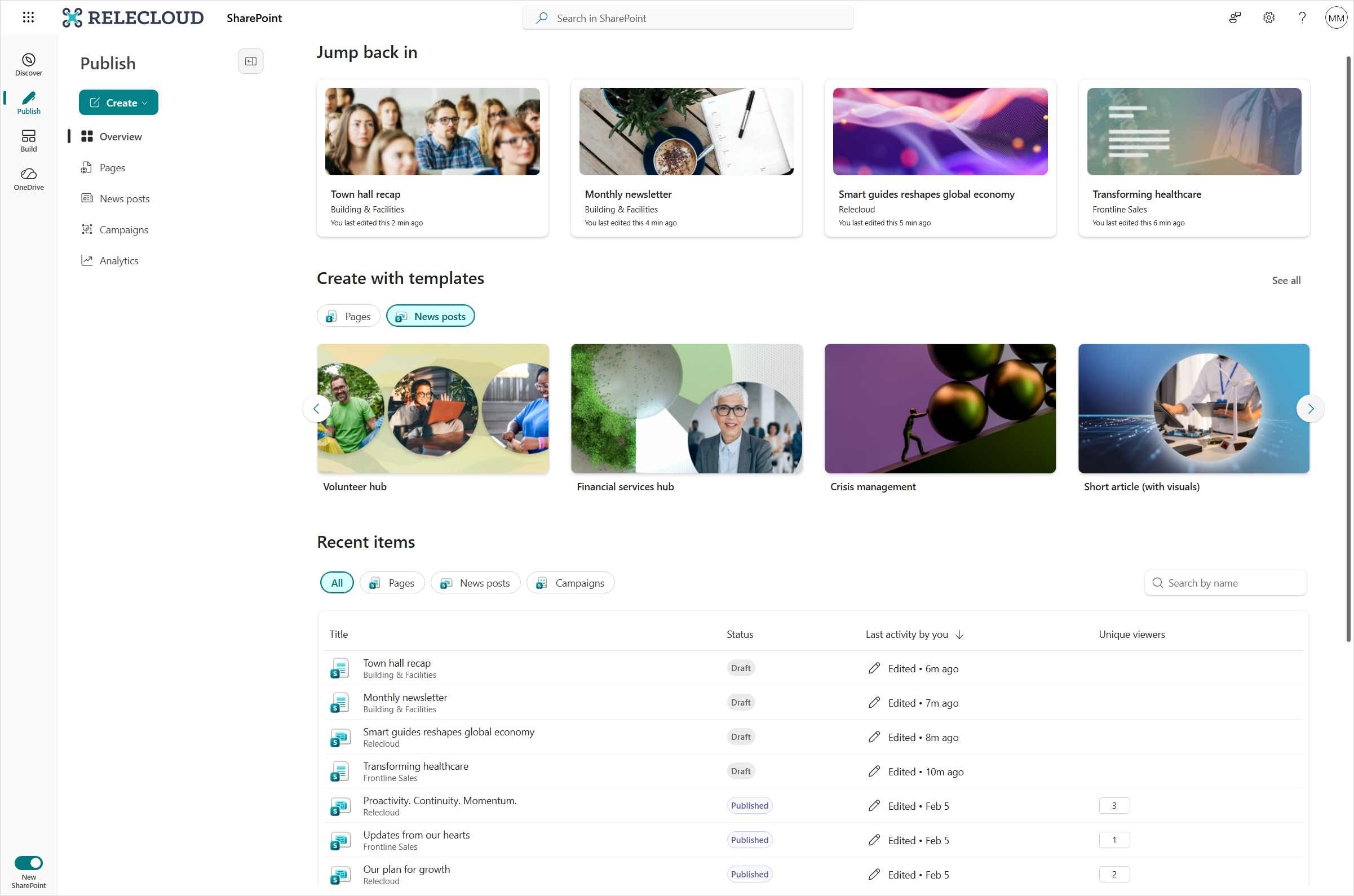 Screenshot of SharePoint publish experience showing a jump back in section, templates, and recent items