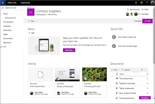 This shows the team site after youve connected a new Office 365 Group and includes links to your old team site.