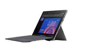 Shows the Surface Pro 7 + device open and ready to use.
