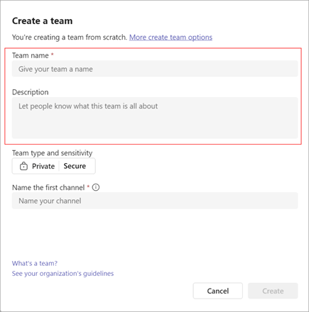 Screenshot of the Create a team window. It includes an area to add a team name, description and type. You can also create your first channels name.