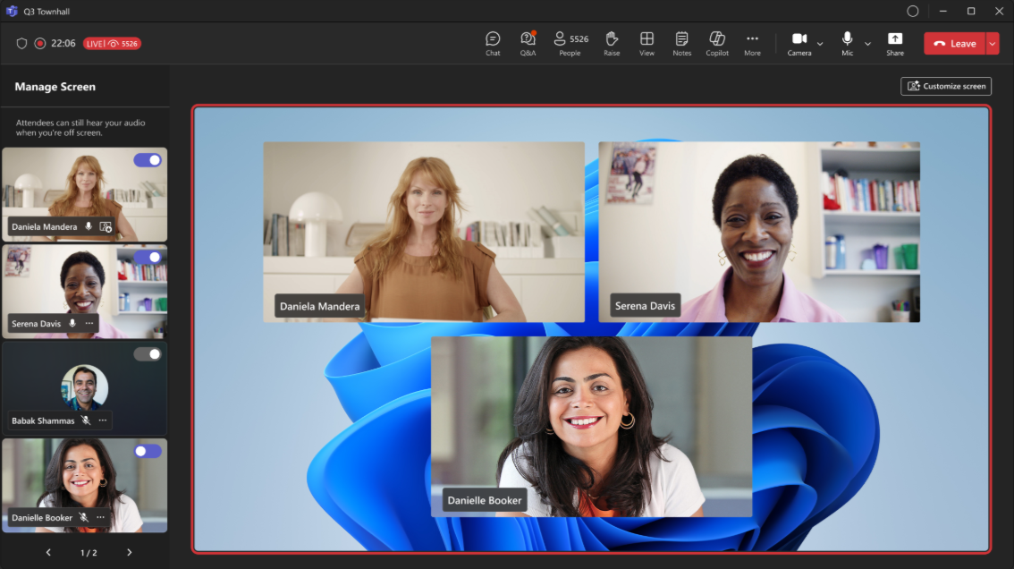 Screenshot of a town hall with 'Manage what attendees see' view