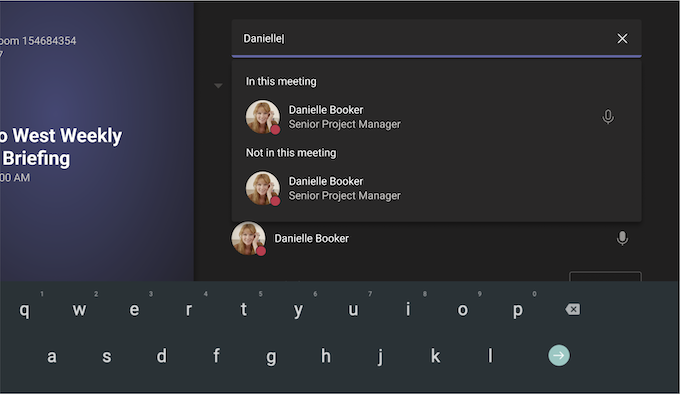 Teams Room on Android screen showing participant search and select.