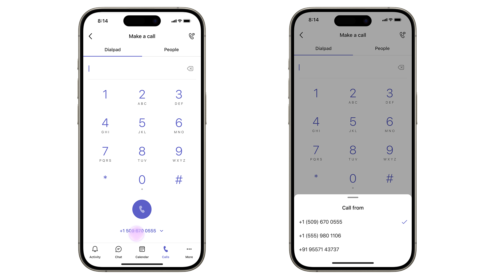 Screenshot showing the Teams dial pad with multiple phone lines available.
