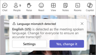 Screenshot of a Teams notification prompting to update a meetings spoken language.