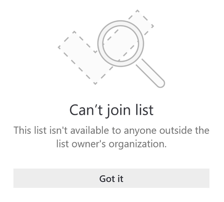 List sharing error message from Microsoft To Do that says Can't join list. This list isn't available to anyone outside the list owner's organization.