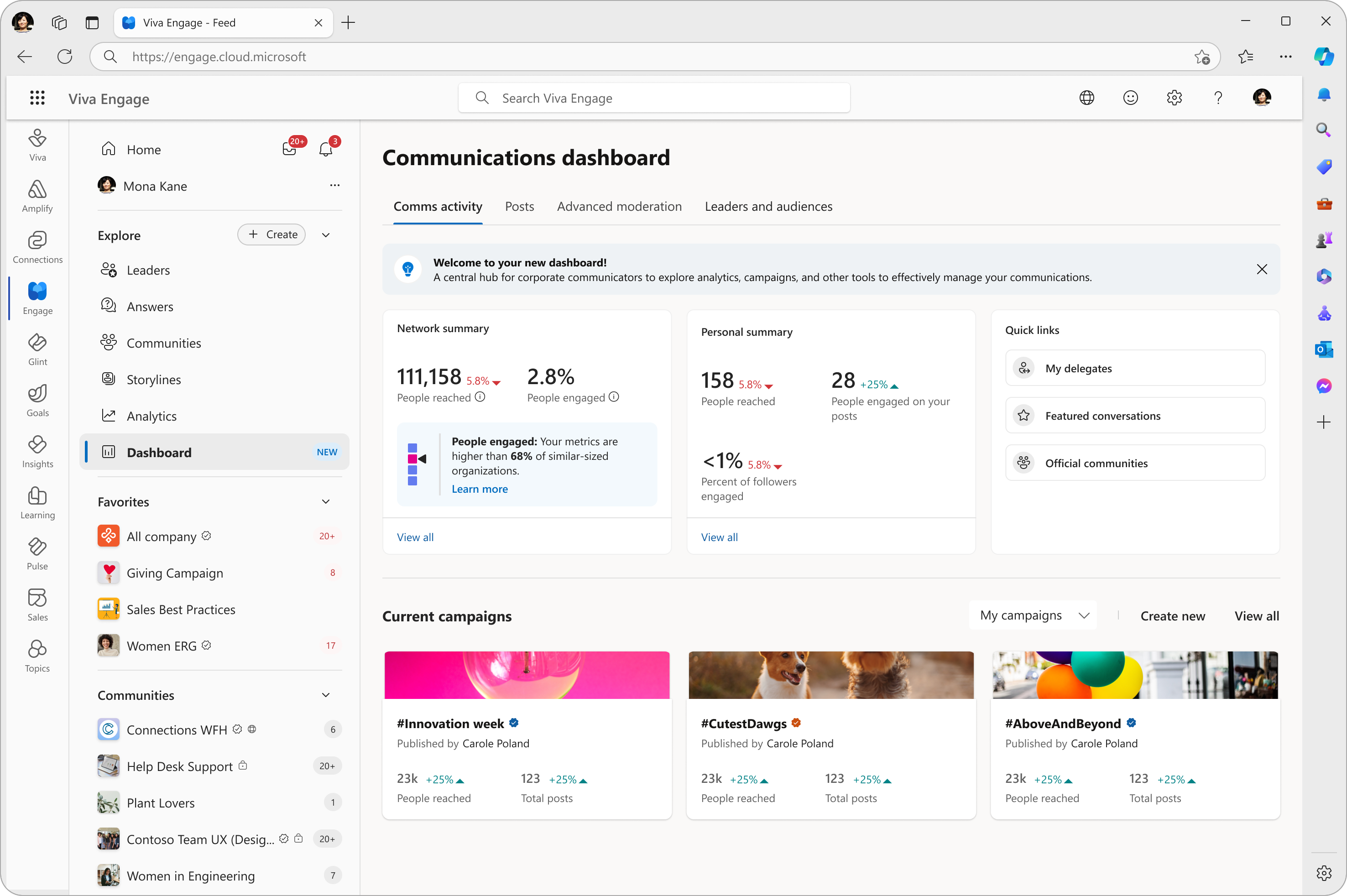 The Comms activity tab provides quick at-a-glance views of the overall performance of your network communications.