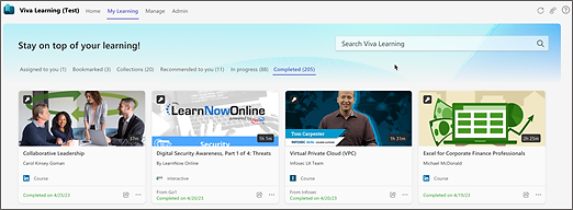My Learning Completed tab showing completed courses and dates.