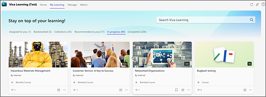 My Learning In progress tab showing four courses and their completion dates.