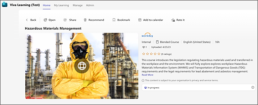Course details page showing Hazardous Materials Management marked In progress.