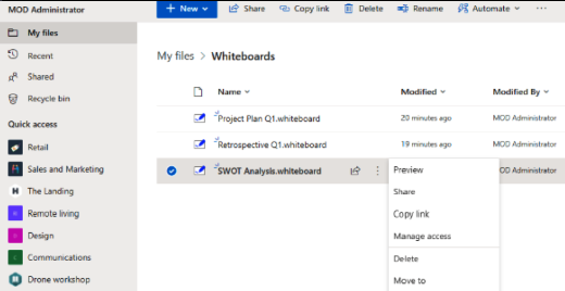 Whiteboard files are saved in the Whiteboard folder in OneDrive for Business