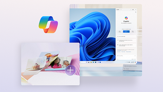Illustration of a screenshot of the Copilot interface with a colorful, swirling abstract pattern in the background, and a user interface with a screenshot and a file upload button.