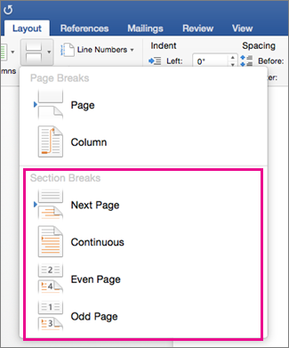 Screenshot that shows the Layout tab, the Section Breaks menu is highlighted
