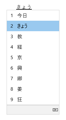 Conversion candidate window UI, showing conversion candidates of “kyou”.